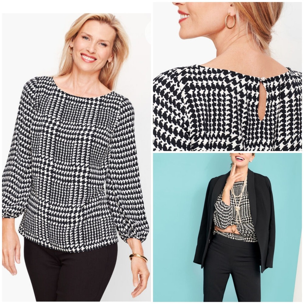 Talbots Poet Sleeve Blouse Houndstooth Keyhole Top SZ M Career wear Office
